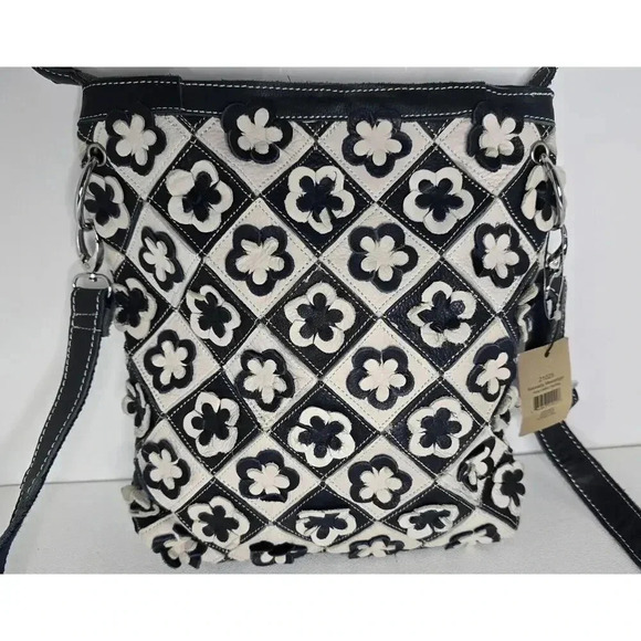 H2Z Leather 3D Floral Navy/Lt. Gray Crossbody Purse Boho Hippie Retro UPCYCLED - Picture 6 of 10